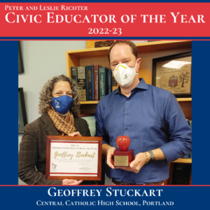Beth Cook and Geoff Stuckart display his certificate and trophy for being named 2022-23 Civic Educator of the Year.